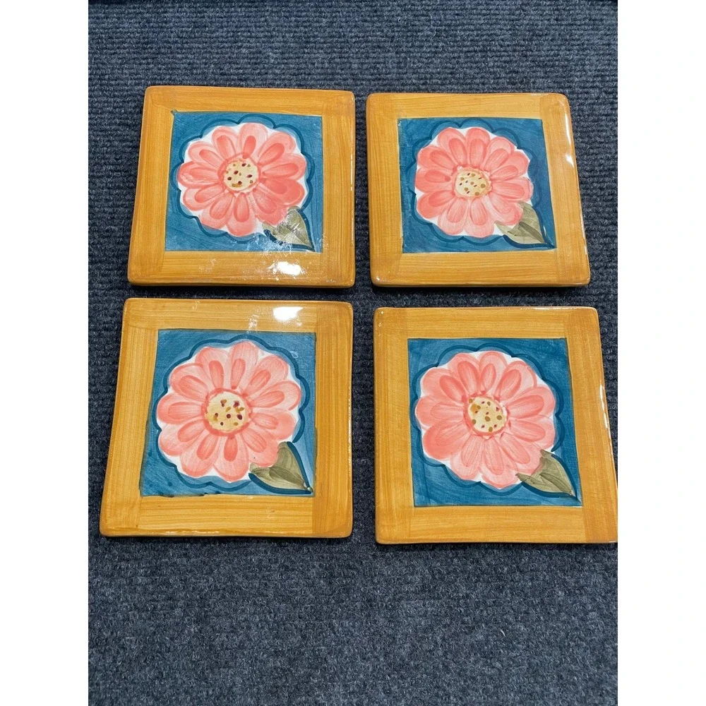 Certified International CIC Ceramic Floral Coasters Set of 4 Zinnia Pink Teal
